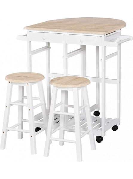Ensemble Table de Bar Pliable sur roulettes avec étagère et 2 tiroirs + 2 tabourets Bois pin MDF Blanc chêne Clair - BNQHKKWJW